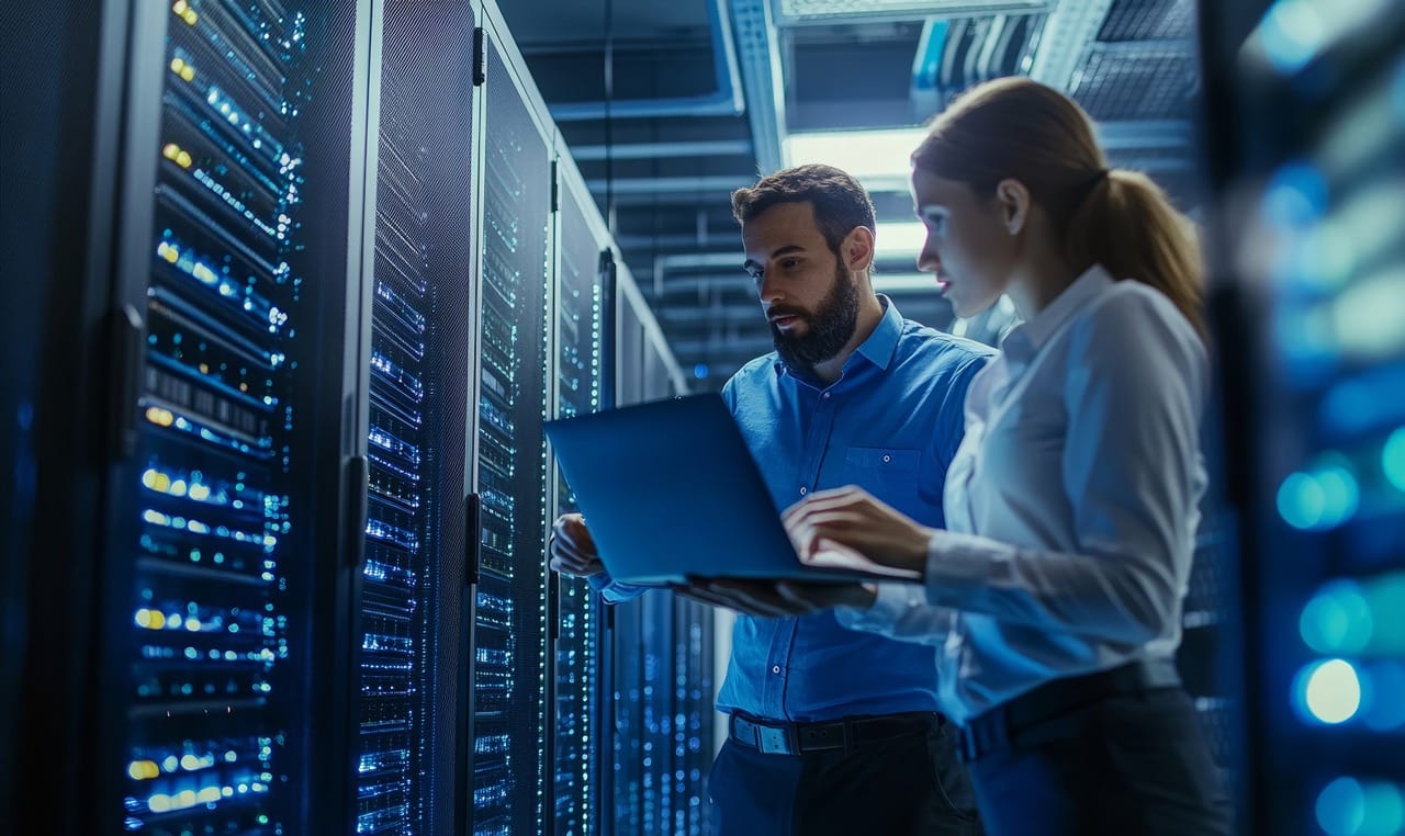 Data Center Female System Administrator and Male IT Specialist talk, Use Laptop. Information Technology Engineers work on Cyber Security Network Protection in Cloud Computing Server, Generative AI