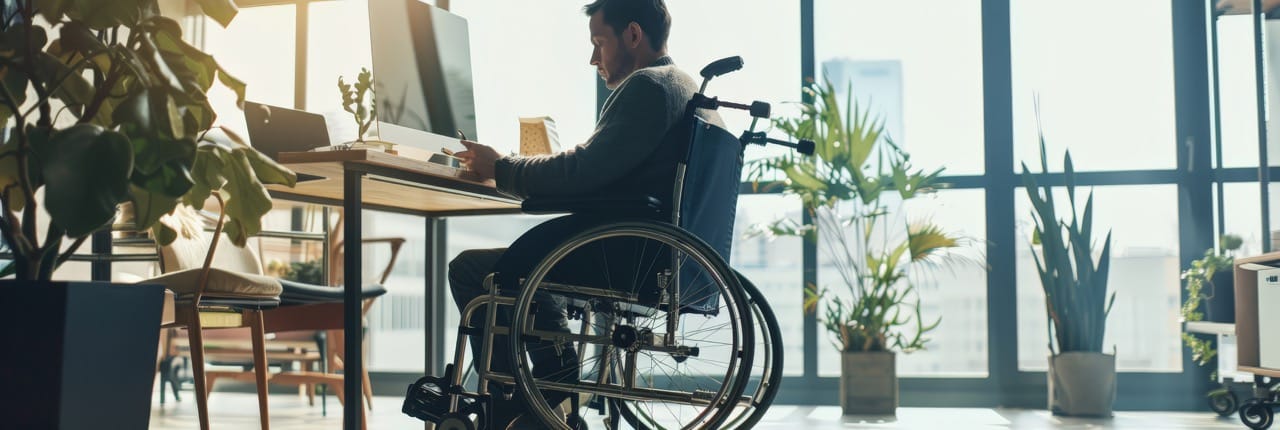 Man in a wheelchair working on a computer in a bright office with green plants. Emphasizing accessibility and eco-friendly work environments. Ideal for promoting inclusive workplaces