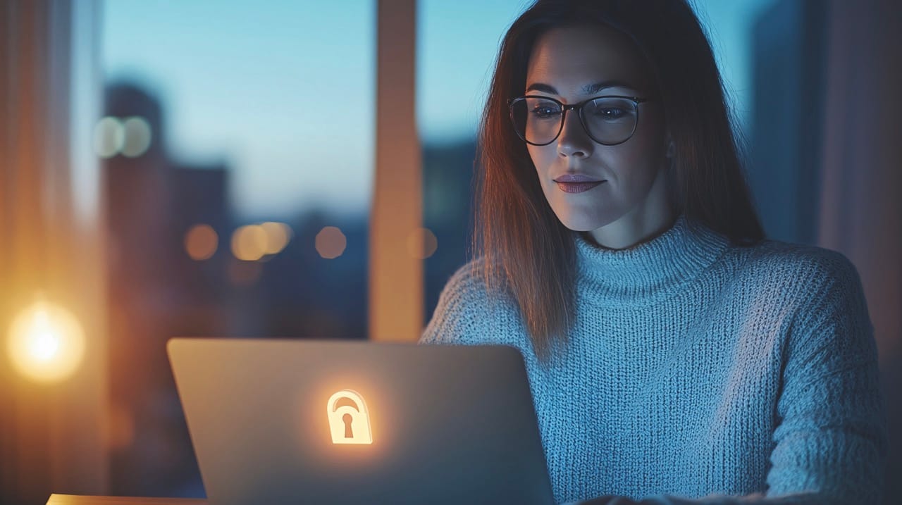 Young Woman Working on a Secure Laptop at Night in a Cozy Environment